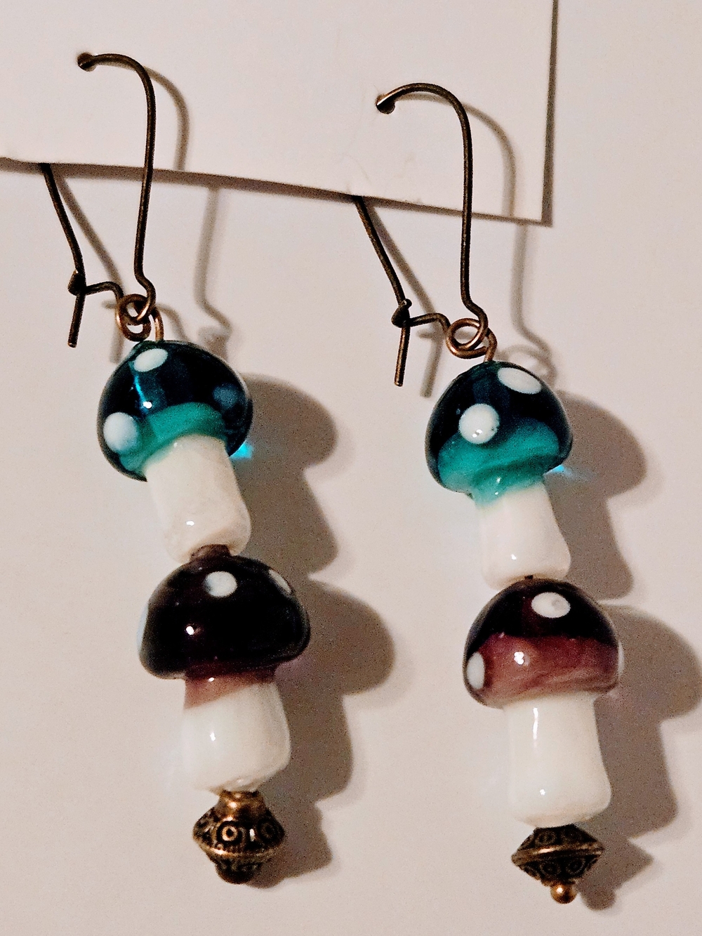 Handmade Glass Mushroom Drop Earrings - Teal & Brown